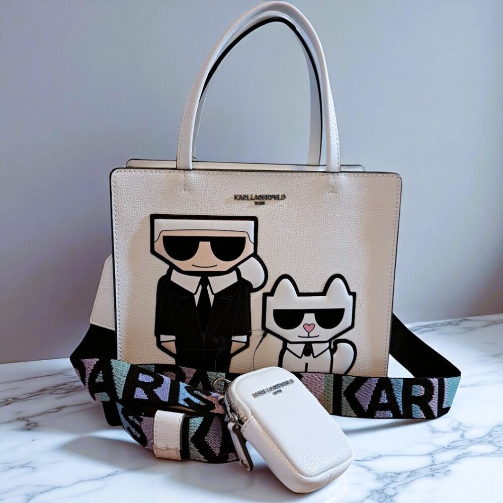 Karl Lagerfeld w Choupette Paris Maybelle Satchel with Coin Pouch White/Black NW - Picture 3 of 10
